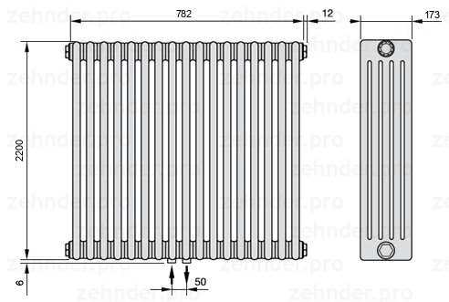 Схема (чертеж) Радиатор Zehnder Charleston 5220/17 №3470 Белый глянцевый RAL 9016